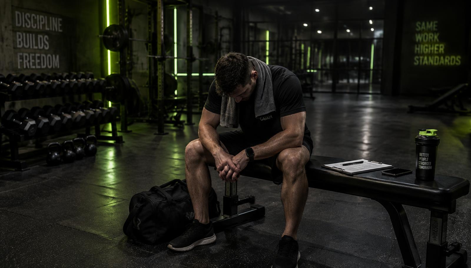 An exhausted personal trainer sitting alone on a gym bench late at night