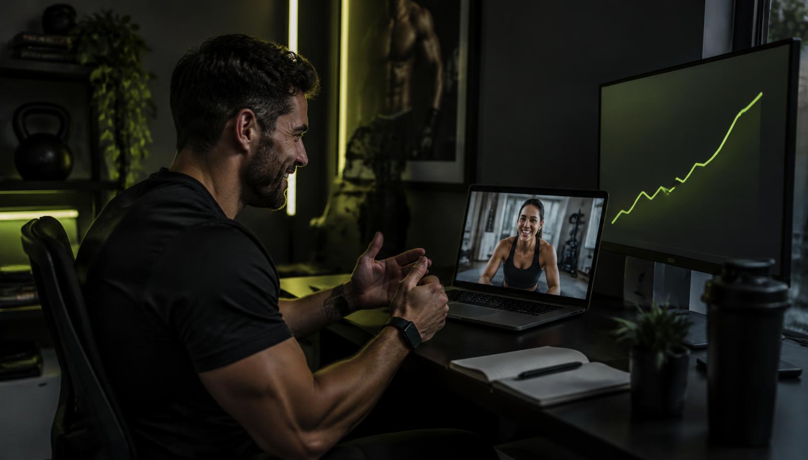 A personal trainer coaching a client over a video call, with a rising growth chart on screen