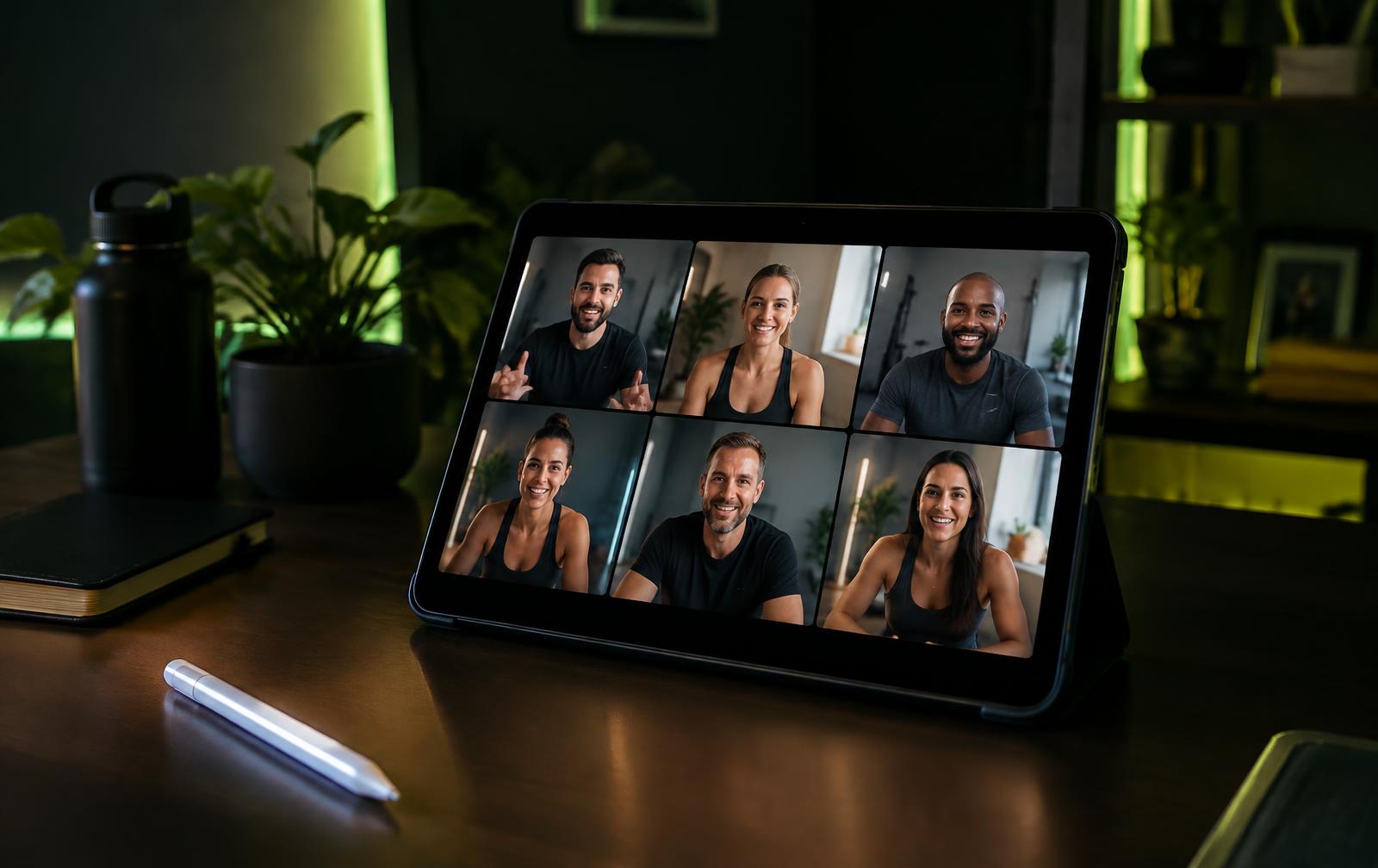 An iPad on a desk showing a group video coaching call with six engaged coaches