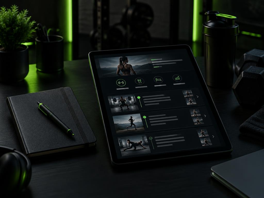 A tablet showing a structured online coaching programme on a coach's desk
