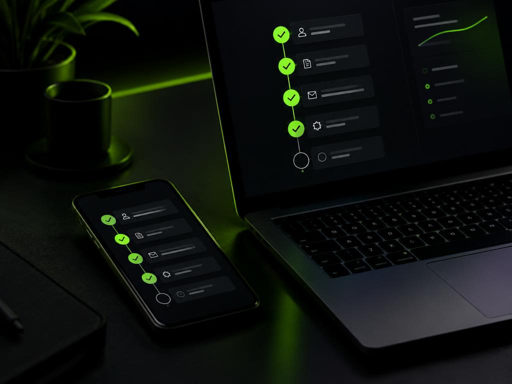 A phone and laptop showing an automated client onboarding checklist