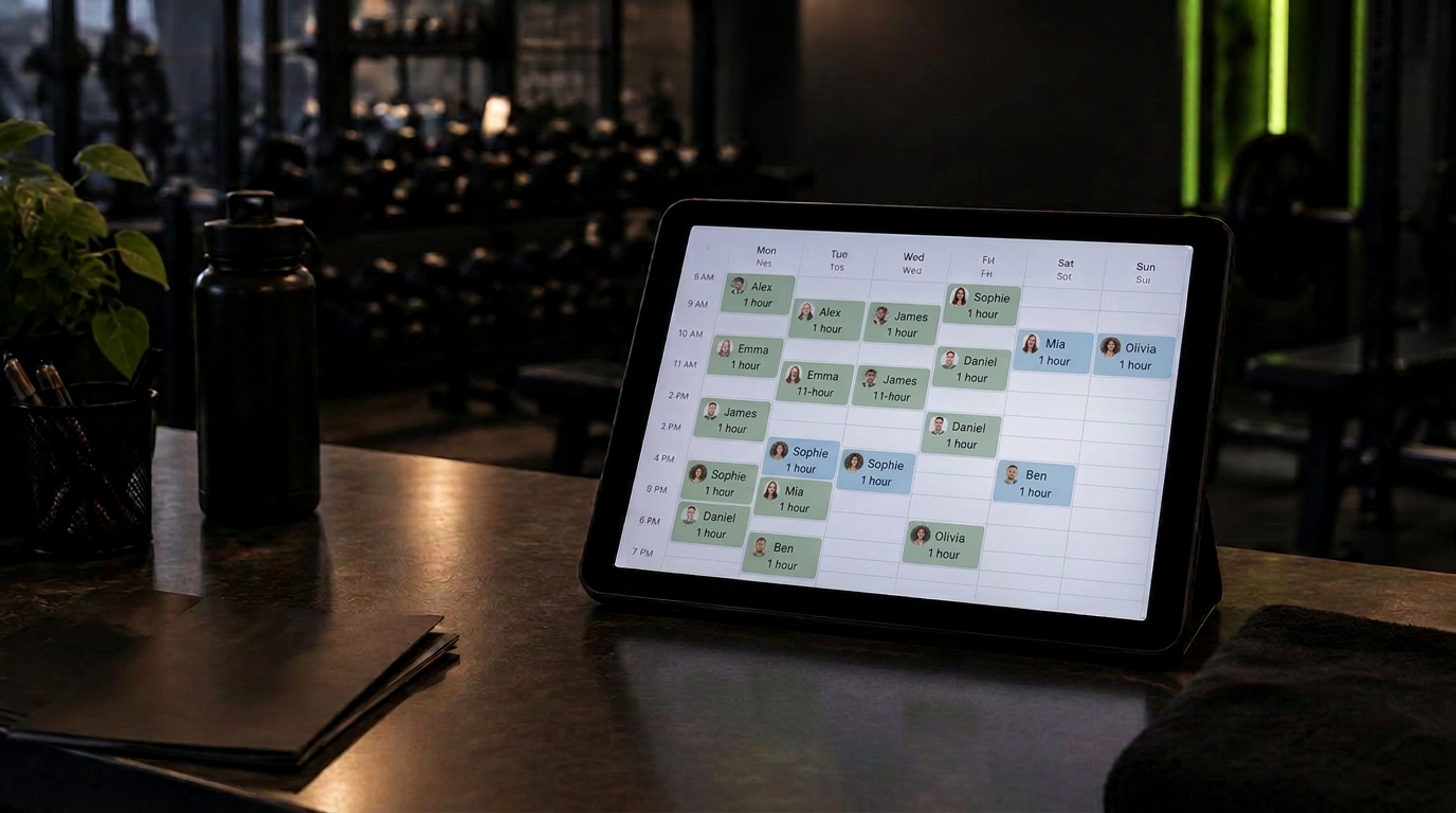 An iPad on a gym desk showing a fully booked week of back-to-back client sessions