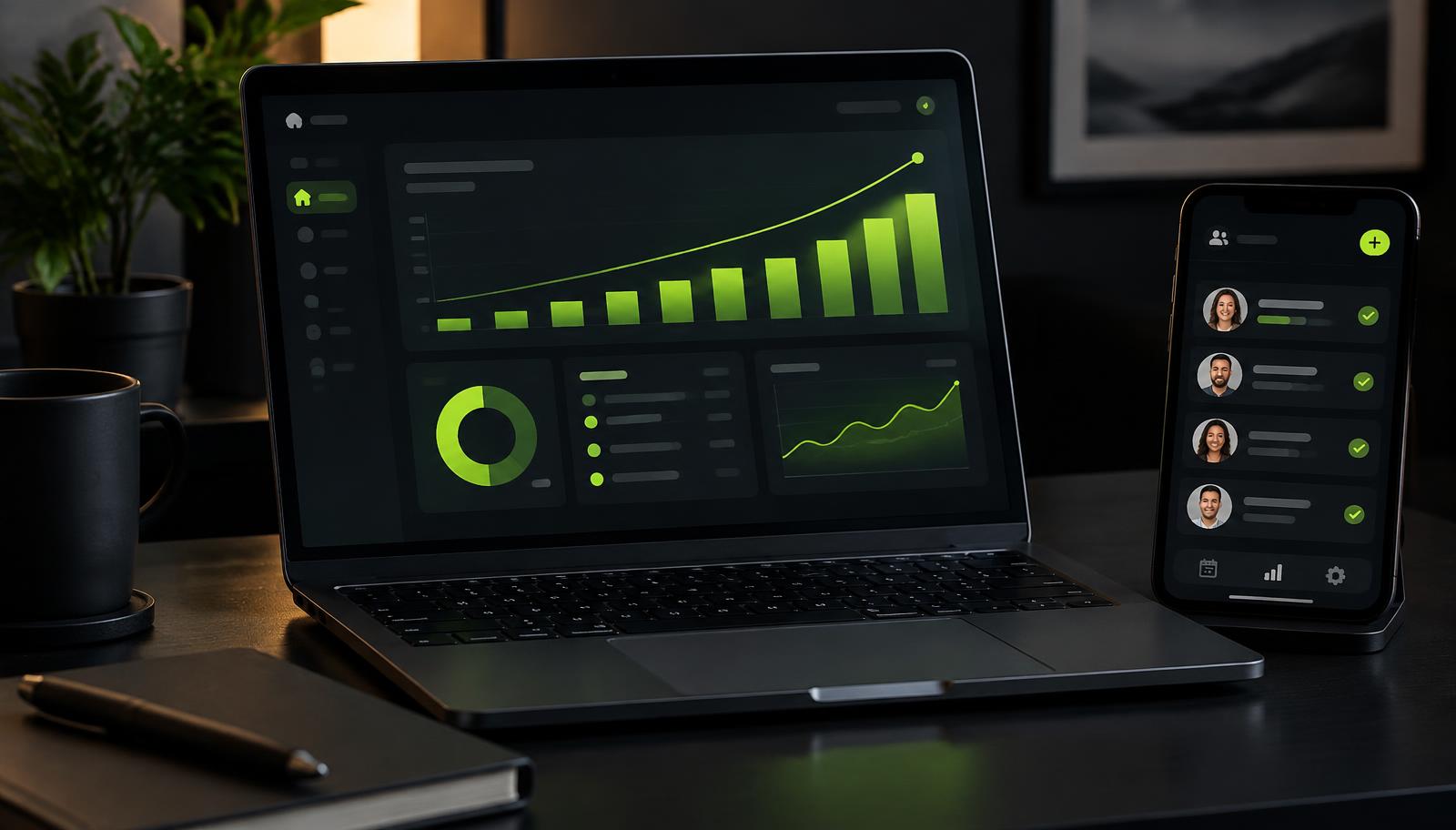 A laptop showing a coaching business dashboard with rising growth charts
